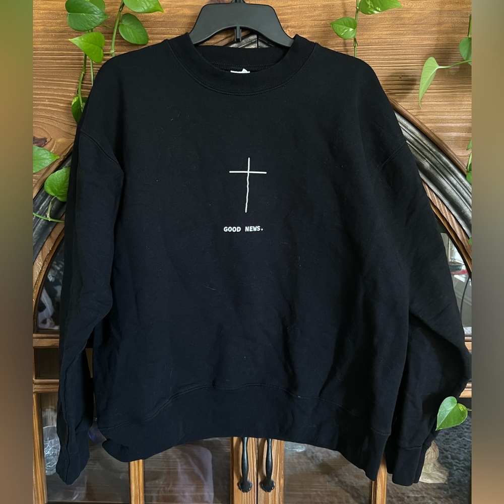Good News Black Crewneck Sweater with Cross Design